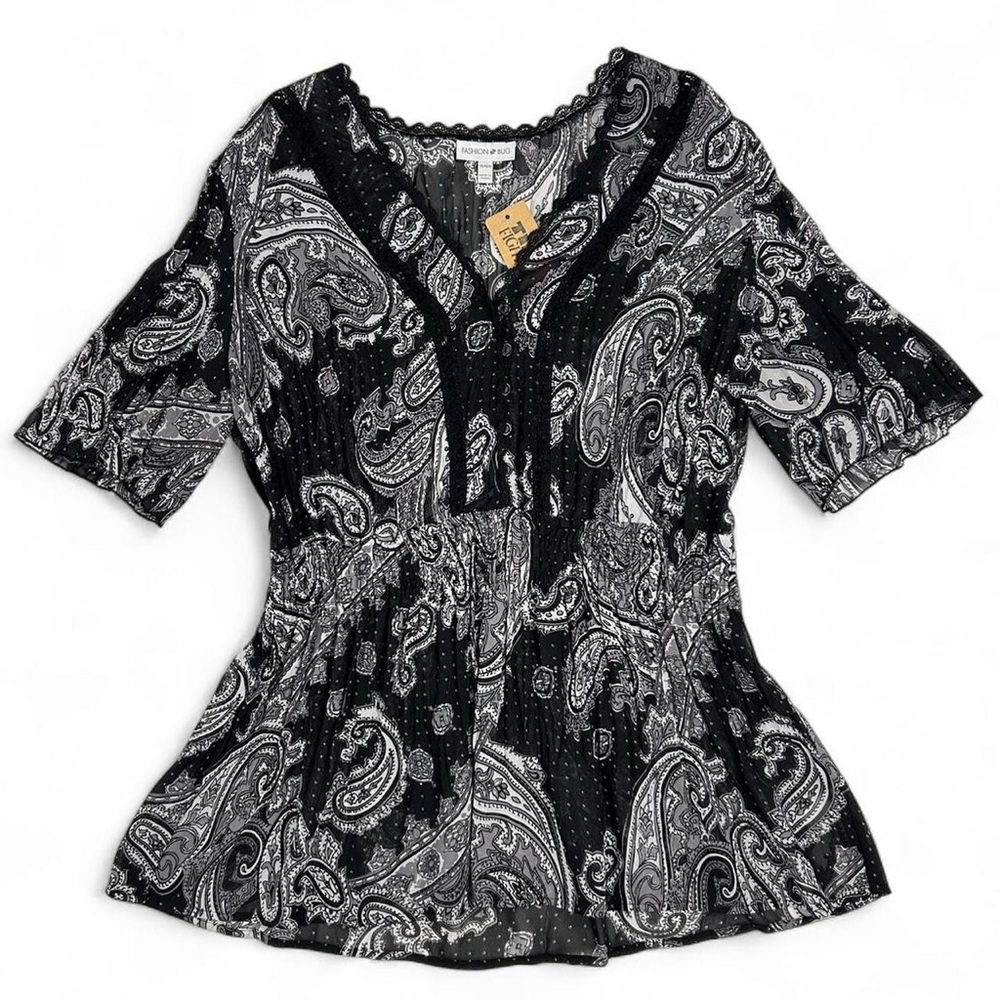 Y2K black and white paisley polkadot print pleated fabric blouse